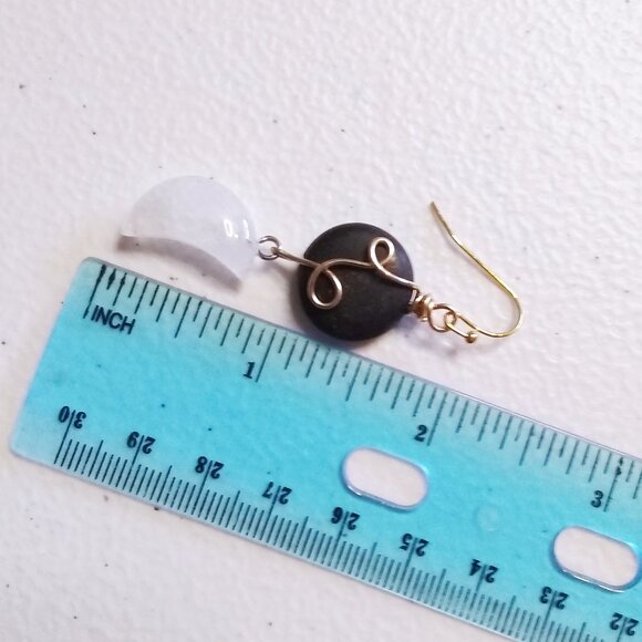 OOAK Black Jasper Coin & Quartz Moon Earrings | Wire Wrapped | Moon Goddess - Picture 9 of 10